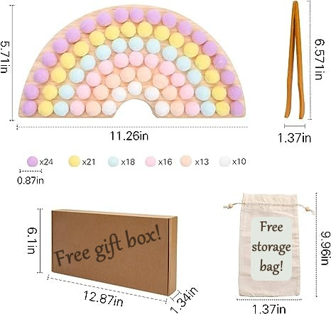 Montessori Busy Fine Motor Learning Educational Rainbow Sorting Toy with Pomp poms for Toddler and Children all age.