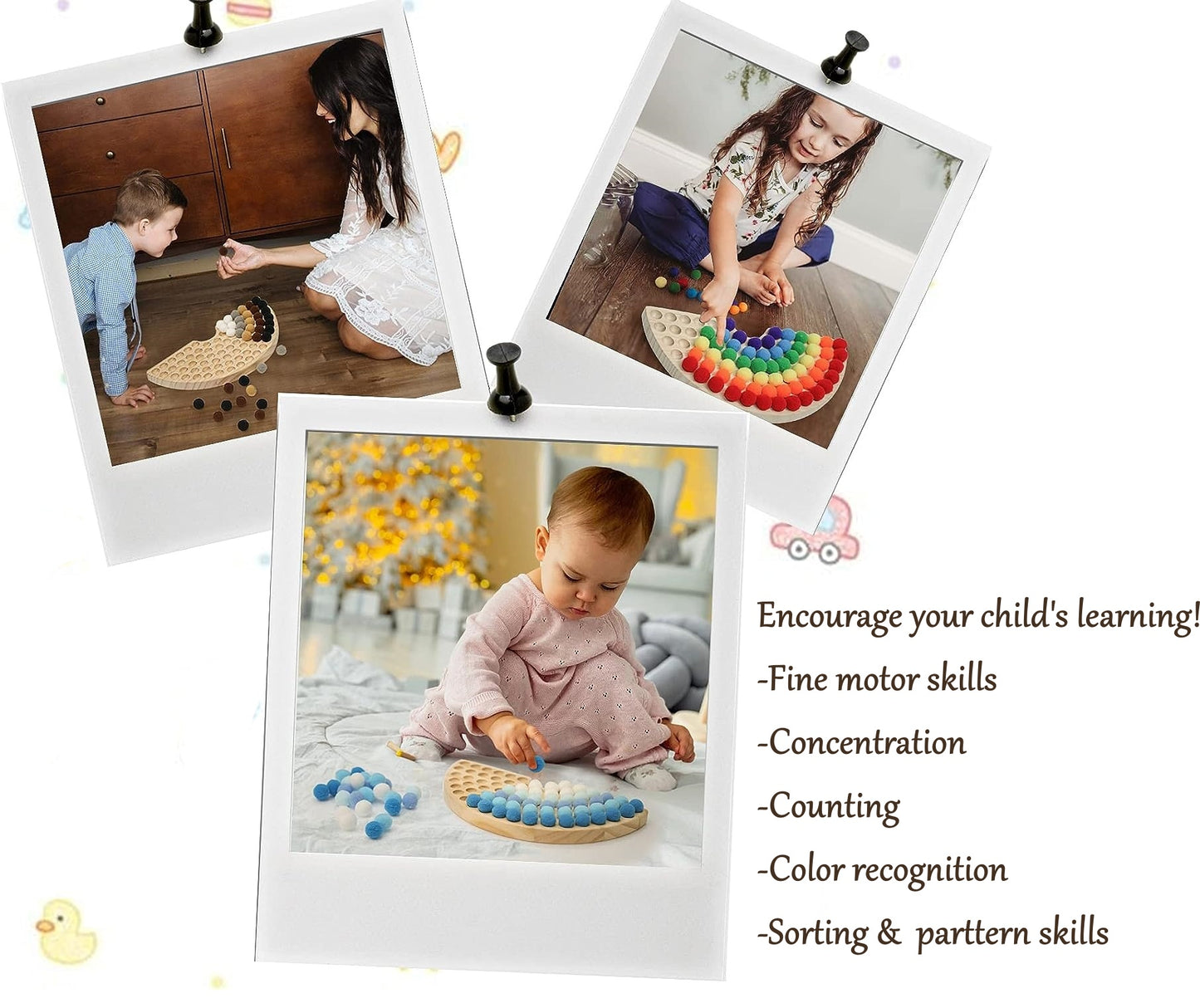 Montessori Busy Fine Motor Learning Educational Rainbow Sorting Toy with Pomp poms for Toddler and Children all age.