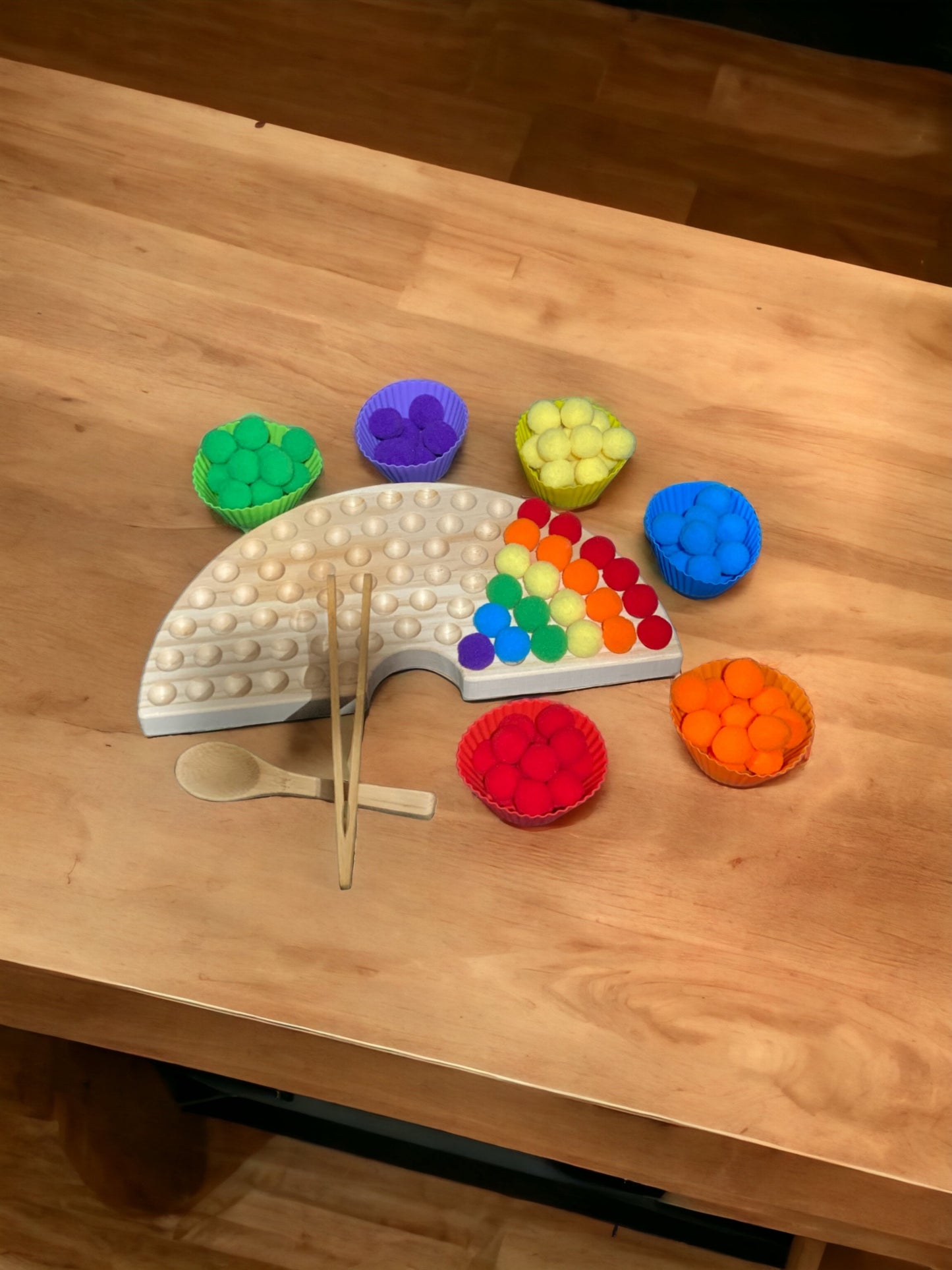 Montessori Busy Fine Motor Learning Educational Rainbow Sorting Toy with Pomp poms for Toddler and Children all age.