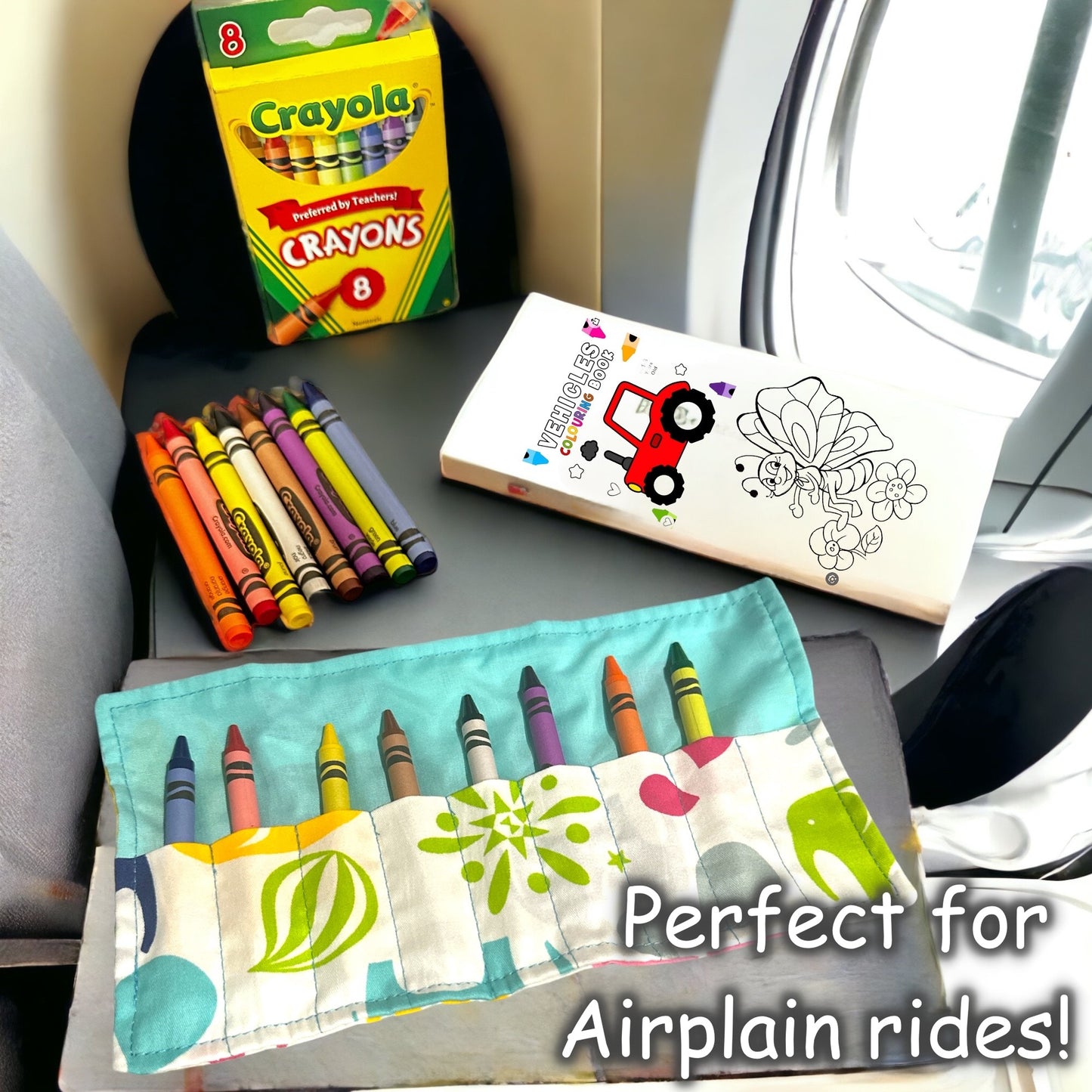 On The Go Crayons Caddy Holder roll up case color wraps, Perfect to Keep Your Kids Organized, Inspired, and Entertained -8 Crayons Included!
