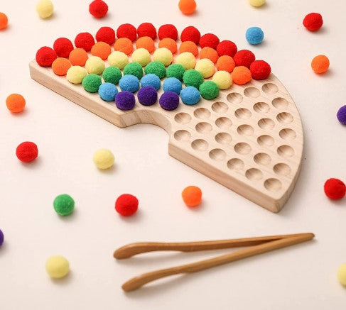Montessori Busy Fine Motor Learning Educational Rainbow Sorting Toy with Pomp poms for Toddler and Children all age.