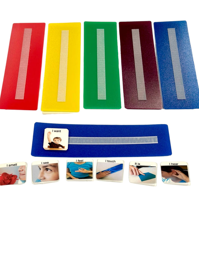 5 Small or Large Sentence Strips with 7 Colorful Sentence Starter Cards Perfect for Building 2-4 Word Sentences.